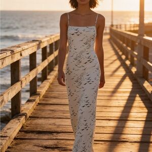 BCBG Cream Slip Maxi Dress with Black Bird Print